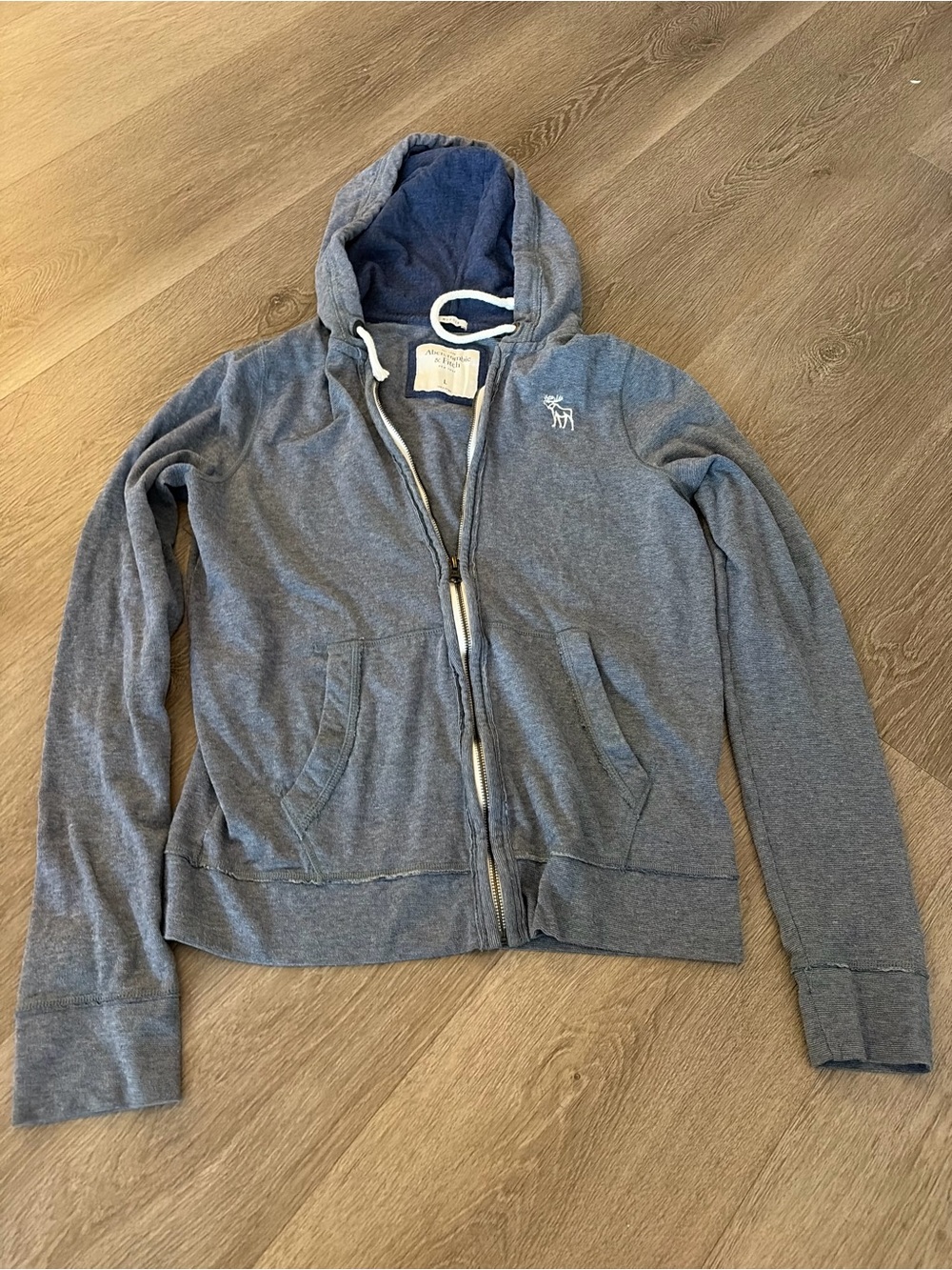 Abercrombie & Fitch Heathered Navy Zip-Up Hoodie moose logo
